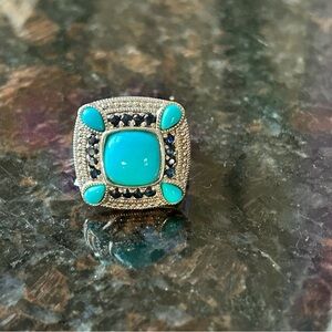 Blue and Silver Turquoise Ring with Southwestern Design
